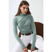Hiccup Women's High Collar Drape Detail Blouse in Pale Green | Size: 2XS