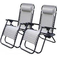 Alivio Set of 2 Heavy-Duty Zero Gravity Reclining Sunloungers Patio Chairs with Mobile Cup Holder in Light Grey