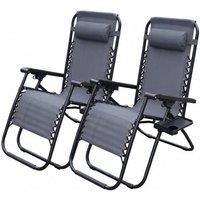 Alivio Set of 2 Heavy-Duty Zero Gravity Reclining Sunloungers Patio Chairs with Mobile Cup Holder in Dark Grey