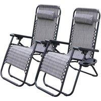 Alivio Set of 2 Heavy-Duty Zero Gravity Reclining Sunloungers Patio Chairs with Mobile Cup Holder in Grey