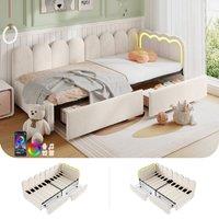 BTM 3ft Single Daybed Velvet Bed Frame LED Storage Drawers Youth Bed in Beige