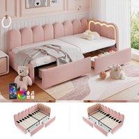BTM 3ft Single Daybed Velvet Bed Frame LED Storage Drawers Youth Bed in Pink