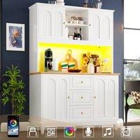 BTM Pantry Cabinet Kitchen Sideboard LED Storage Drawers Shelves Hutch in White