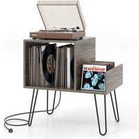 Gymax Turntable Stand Record Player Stand With Power Outlet Display Shelf in Grey