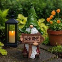 Voltico Welcome Gnome Garden Ornament 31cm Decorative Statue in Dark Green