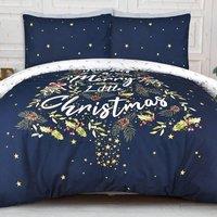 Smart Living Printed Little Christmas HollyTree Reversible Duvet Cover & Pillowcase in Navy | Size: Double