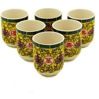 KDMD Herbal Tea Cups Set - Long Life Oriental Design, 6 Pcs in Yellow