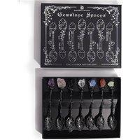 KDMD Set of 7 Dark Silver Gemstone Crystal Witch Spoons for Rituals & Decor in Black