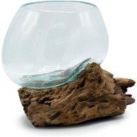 KDMD Molten Glass on Wood Bowl - Handcrafted Art Vase from Bali in Clear