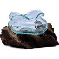 KDMD Molten Glass Wavy Bowl on Wood - Bali-Inspired Decor in Clear