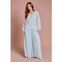 Coast Women's Pearl Embellished Pleated Georgette Wide Leg Trouser in Light Blue | Size: 8