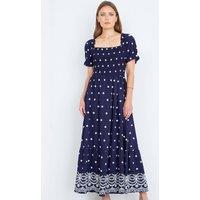 Yumi Women's Navy Border Hemline Smocked Maxi Dress in Dark Navy | Size: 12