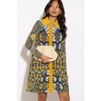 CY Women's Full Pleated Buttons Fasten Shirt Dress In Yellow Gold Scarf Print
