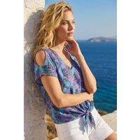 Roman Women's Burnout Print Tie Front Top in Purple | Size: 18