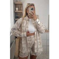 Hiccup Women's 2 Pieces: Printed Shirt & High Waist Drawstring Shorts in Natural | Size: Small