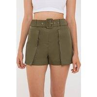 Hiccup Women's Cotton High-Waist Shorts with Pocket & Belt Detail in Green | Size: Small