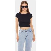 Hiccup Women's Basic Round Neck Short Sleeve Cropped Top in Black | Size: Large