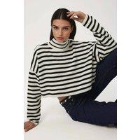Hiccup Women's Striped Cropped Oversized Turtleneck Sweater in Black | Size: Small