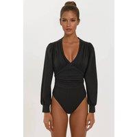 Hiccup Women's Slim Fit V-Neck Balloon Sleeve Bodysuit in Black | Size: XS