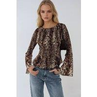 Hiccup Women's Animal Print Boat Neck Top with Shirred Detail | Size: 2XS