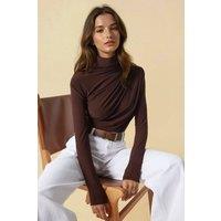 Hiccup Women's High Collar Drape Detail Blouse in Brown | Size: 2XS