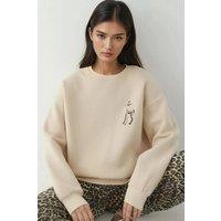 Hiccup Women's Comfort Animal Pattern Embroidered Raised Crew Neck Sweatshirt in Medium Beige | Size: Large