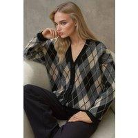 Hiccup Women's Long V-Neck Geometric Knitwear Cardigan with Buttons in Black