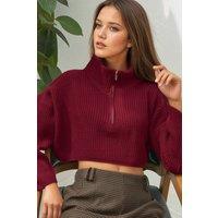 Hiccup Women's Thick Knitwear Crop Sweater with Zipper Collar in Burgundy