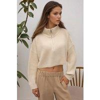 Hiccup Women's Thick Knitwear Crop Sweater with Zipper Collar in Ivory