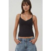Hiccup Women's Thin Knit V-Neck Slim Fit Top with Lace Detail in Black | Size: Large