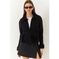 Bianco Lucci Women's Frilly Tie Closure Shawl Collar Cardigan in Black