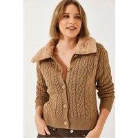 Bianco Lucci Women's Textured Faux Fur Shawl Collar Cardigan in Camel