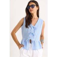 Bianco Lucci Women's V-Neck Crepe Blouse with Bow Tie in Baby Blue | Size: Small