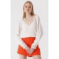 Big Dart Women's Embroidered Textured V-Neck Blouse in White | Size: Small