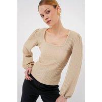 Big Dart Women's Textured Square Collar Long Sleeve Blouse in Light Beige | Size: Small