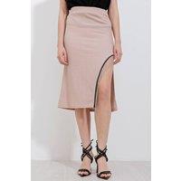 Big Dart Women's Textured Midi Skirt with Chain Detail in Light Beige | Size: Large