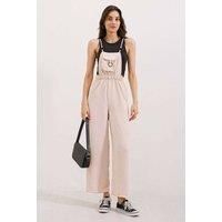 Big Dart Women's Relaxed Fit Long Denim Overalls with Pocket in Beige | Size: Large