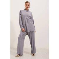 Big Dart Women's Textured Long Sleeve Button-Up Shirt & Wide Leg Pants Set in Grey | Size: Small