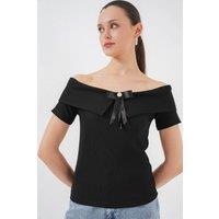 Big Dart Women's Boat Neck Ribbed Blouse with Bow in Black | Size: Small