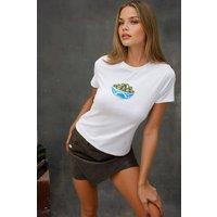 Hiccup Women's Crew Neck Printed Baby Tee in Off-White | Size: Large