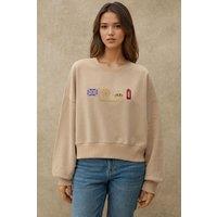 Hiccup Women's Embroidered Crew Neck Cottoned Raised Sweatshirt in Medium Beige | Size: XL