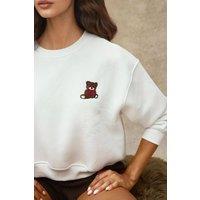 Hiccup Women's Embroidered Relaxed Fit Cotton Sweatshirt in Off-White | Size: Medium