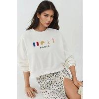 Hiccup Women's Embroidered Crew Neck Cottoned Raised Sweatshirt in White | Size: XL