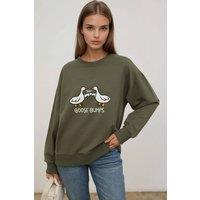 Hiccup Women's Printed Crew Neck Relaxed Fit Sweatshirt in Khaki | Size: Medium