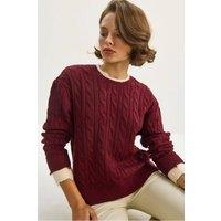Bianco Lucci Women's Hair Braid Patterned Sweater in Crimson