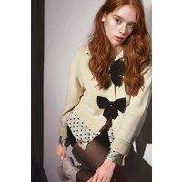 Hiccup Women's Thick Knit Crew Neck Cardigan with Bow Detail in Ivory | Size: Large