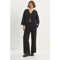 Bianco Lucci Women's V-Neck Knitted Cardigan & Wide Leg Pants Set in Black | Size: Medium