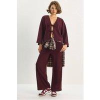 Bianco Lucci Women's V-Neck Knitted Cardigan & Wide Leg Pants Set in Burgundy | Size: Medium