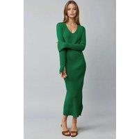 MyFashion Women's V-Neck Textured Maxi Knit Dress with Slit in Green