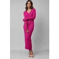 MyFashion Women's V-Neck Textured Maxi Knit Dress with Slit in Magenta